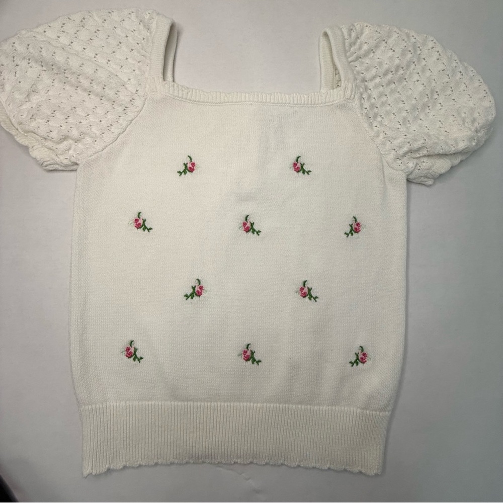 Girl’s White Puff Sleeve Top with Floral Embroidery